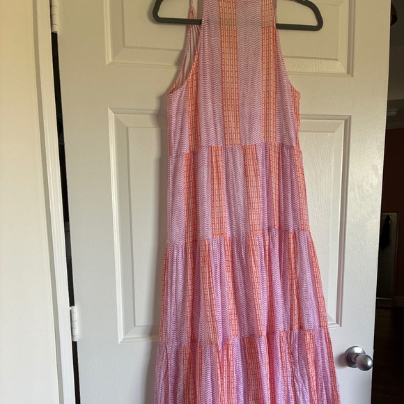 Oliphant coral pink and white block print tiered cotton tassle tie maxi dress S - Picture 8 of 13